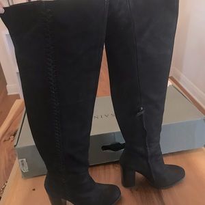 All Saints Women’s Black Suede Leather Thigh-High Boots Size 39